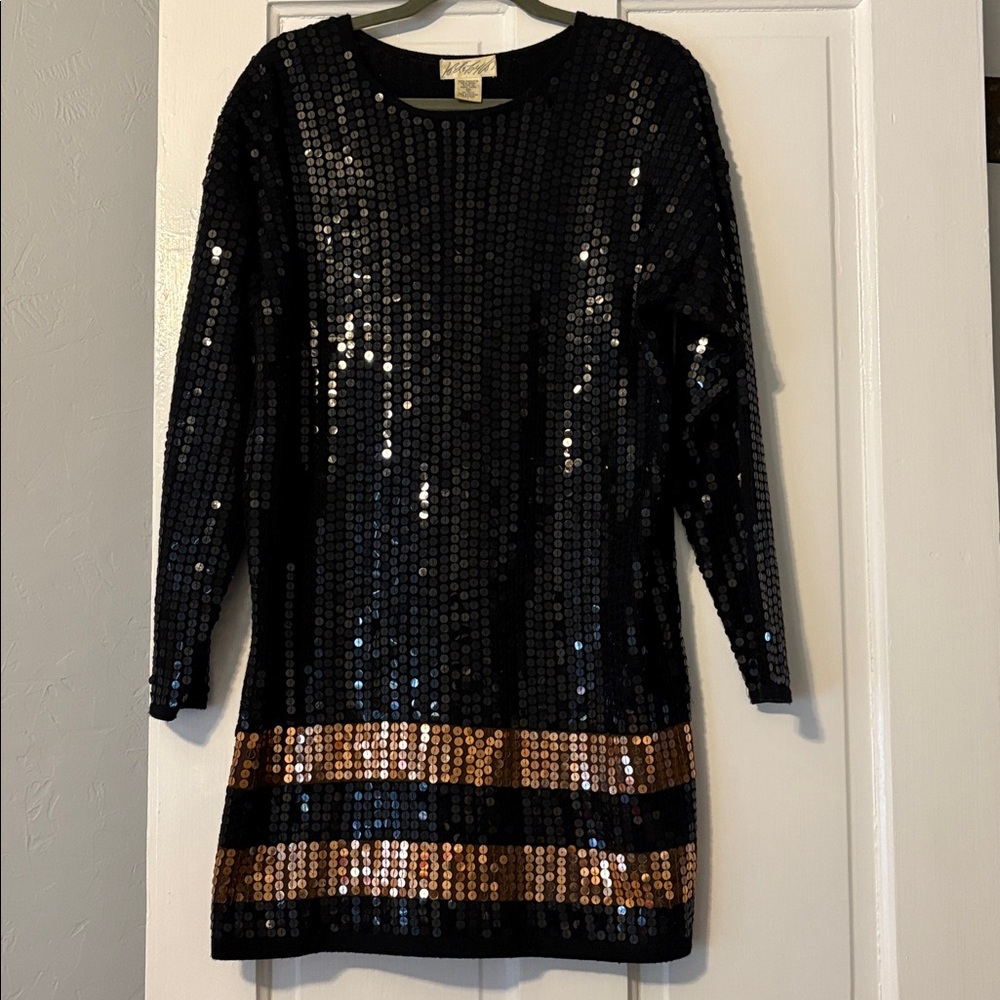 Black & copper sequined dress.